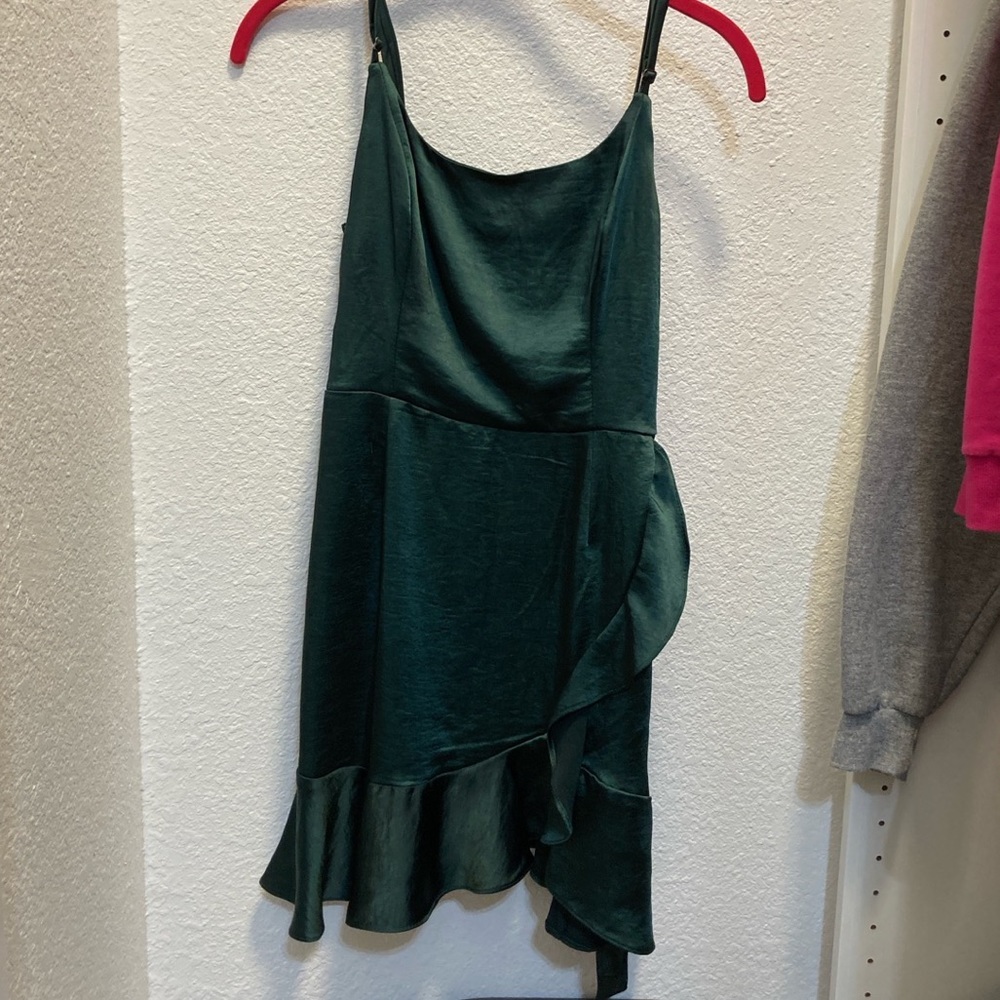 Womens emerald green satin wrap tie dress